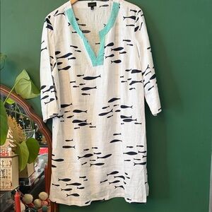 Talbots Linen Dress Womens XL White w/Navy Fish & Turquoise Beaded Neckline